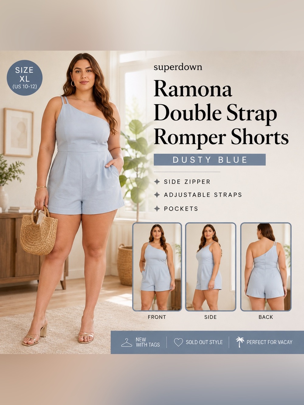 NWT Superdown Ramona Double Strap Romper Shorts Dusty Blue XL